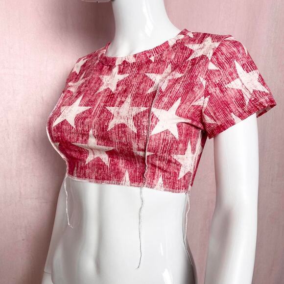 Reworked Christopher & Banks Red Star Stretchy Crop Top P/S Y2K Grunge Patriotic - Picture 4 of 7